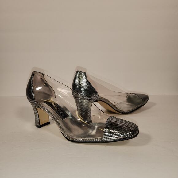 J RENEE Heels Womens 7.5M Vintage Clear Silver Metallic Textured Prom Wedding - Picture 1 of 10